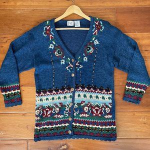 Vintage Knit Beaded Blue Floral Cottagecore Grandma Cardigan Size Small